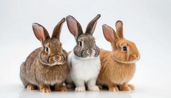 Three Cute Rabbits in Various Colors and Poses on a White Background photo