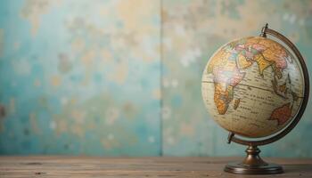 Vintage Globe on Wooden Table Against Blurred Colorful Background photo