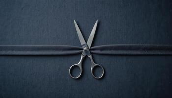 Elegant Scissors Cutting Through Smooth Black Ribbon on Dark Surface photo