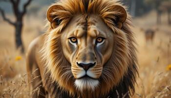 Majestic Lion Staring Intently in Golden Savannah Landscape photo