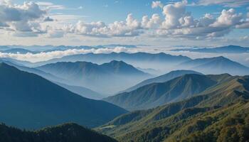 Serene Mountain Landscape with Cloud Cover and Blue Sky photo