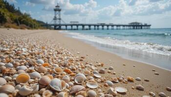 Sandy Beach with Colorful Seashells and Pier Under Blue Sky photo
