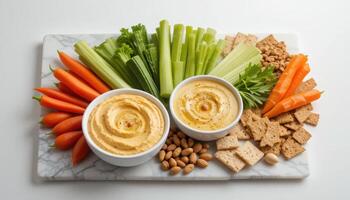 Fresh Vegetable Platter with Hummus and Crunchy Snacks on Marble photo