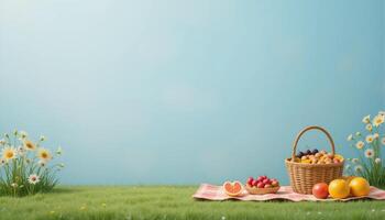 A Charming Scene with a Basket and Fresh Fruits. illustration photo