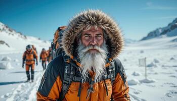 Elderly Man With Beard In Orange Winter Gear In Snowy Landscape photo