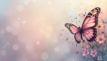 Beautiful Butterfly Sitting Among Colorful Flowers in Soft Light photo