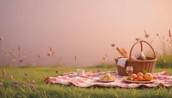 A Relaxing Setup with a Basket, Blanket, and Fresh Fruits. illustration photo