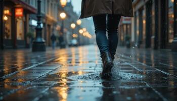 Person Walking in Rainy Street with Reflection on Wet Pavement photo