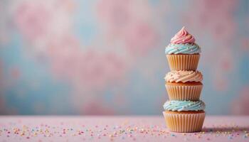 A Whimsical Cupcake Tower on a Calm Pastel Canvas. illustration photo