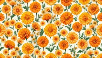 Bright Orange Flowers with Green Leaves on a Light Background photo