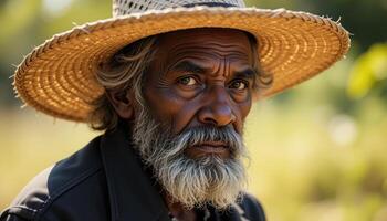 Thoughtful Elderly Man With Hat Gazing in Natural Rural Setting photo
