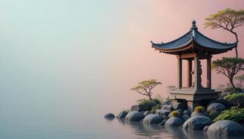 Serene Asian Pavilion by Tranquil Waters at Sunset Light photo