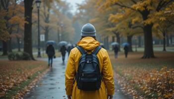 Person in Yellow Raincoat Walking Through Foggy Autumn Park photo