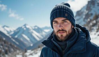 Young Man in Winter Wear Against Snowy Mountain Landscape photo