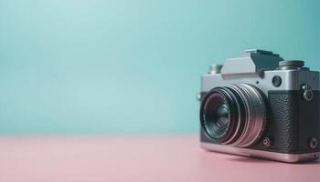 A Vintage Camera Set Against a Lavender and Peach Pastel Scene. illustration photo