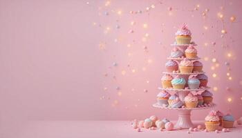 A Cupcake Tower on a Soft Pastel Background. illustration photo