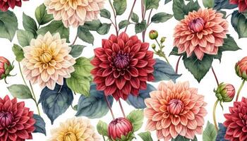 Elegant Floral Pattern with Beautiful Dahlias and Green Leaves photo