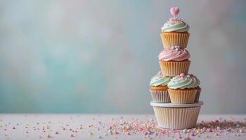 A Whimsical Cupcake Tower Against a Pastel Backdrop. illustration photo