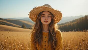 Young Woman in Wide-Brimmed Hat in Golden Wheat Field at Sunset photo