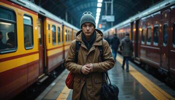 Young Man in Hat at Train Station during Rainy Day Commute photo