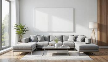 Modern Living Room with Gray Sofa and Minimalist Decor photo