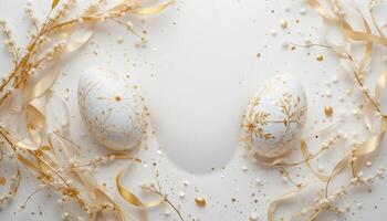 Elegant Easter Composition with Decorated Eggs and Golden Accents photo