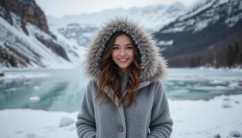 Smiling Woman in Cozy Coat with Fur Hood at Snowy Lake Landscape photo