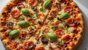 Freshly Baked Pizza with Basil, Tomato, and Olive Toppings photo