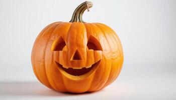 Brightly Carved Halloween Pumpkin with Cheerful Face Expression photo