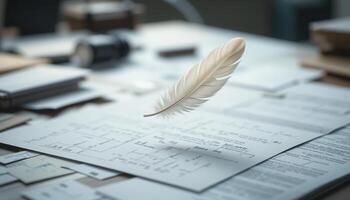 Elegant Feather Floating Above Document Surfaces in Soft Light photo