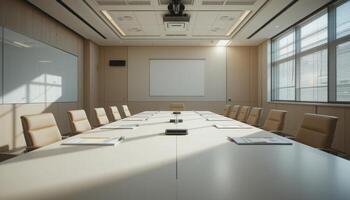Modern Conference Room with Large Table and Natural Light photo