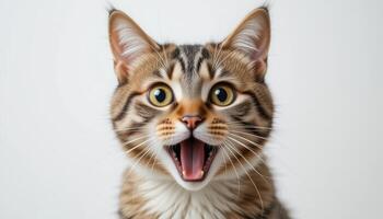 Happy Cat with Wide Eyes and Open Mouth on Neutral Background photo