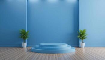 Modern Blue Stage with Plants in Minimalist Indoor Space photo