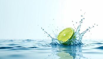 A vibrant lime slice creates a dynamic splash as it enters a body of water. photo