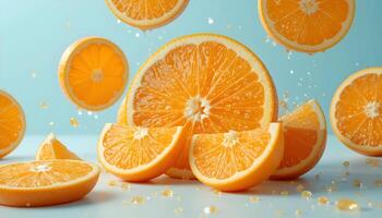 Vibrant orange slices, with water droplets and juice splashes, are displayed against a soft teal background. photo