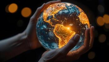A close-up view of hands holding a digital globe, highlighting global connectivity with glowing city lights and network lines. photo