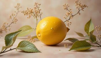 A close-up image of a vibrant yellow lemon, showcasing its smooth texture and water droplets. photo