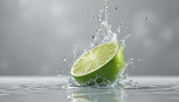 A vibrant lime slice plunges into clear water, creating a dynamic splash. photo