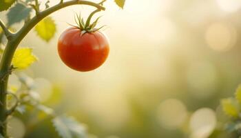 Close-up of a vibrant red tomato hanging from a vine, bathed in soft, golden sunlight. photo