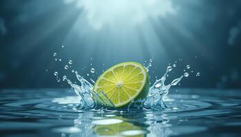 A vibrant close-up of a lime slice impacting a surface of water, creating a dynamic splash. photo