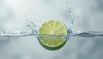 A vibrant, close-up image of a lime slice creating a dynamic splash in water. photo