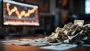 A close-up of a sizable pile of US dollars, nestled on a wooden desk, with a computer monitor displaying a positive upward trend stock market graph in the background. photo