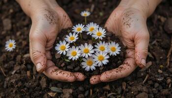 Close-up view of hands holding a small cluster of white daisies nestled in rich, dark soil. photo