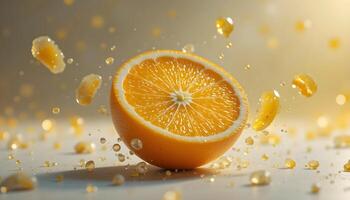 Close-up of an orange slice with vibrant, juicy segments, surrounded by a dynamic display of water droplets and juice splashes. photo
