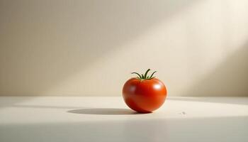 A single, ripe red tomato with green stem sits on a plain, light beige surface, casting a subtle shadow. photo