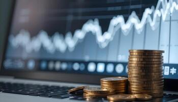 A close-up view of stacks of gold coins on a laptop keyboard, in front of a blurred background displaying a rising stock market graph. photo