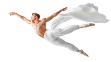 Elegant Male Dancer in MidAir Leap Graceful Ballet Performance with Flowing White Fabric Art png
