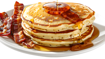 Stack of Pancakes with Syrup and Crispy Bacon on a Plate png