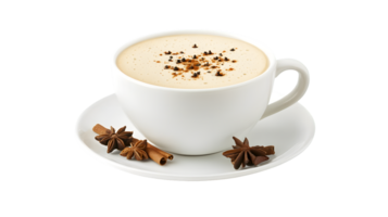 Spiced Hot Drink in White Cup and Saucer with Star Anise and Cinnamon Sticks png