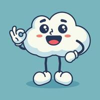 Fluffy cloud character with a cheerful face and giving an okay hand gesture. Cute and friendly vector